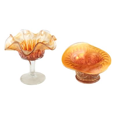 Carnival Glass Dugan/Diamon 2-Pc Lot. Includes a Circle Scroll Jack-in-the-Pulpit shaped hat in 