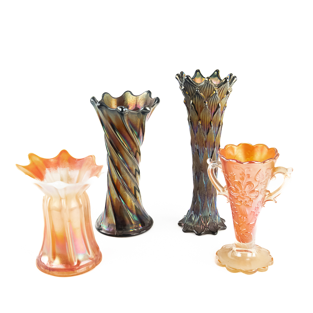 Carnival Glass Vases: 4-Pc Lot
