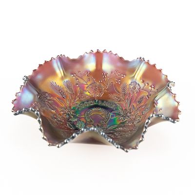 Carnival Glass: Northwood Good Luck Ruffled Bowl. Amethyst purple. A very pretty bowl with a 