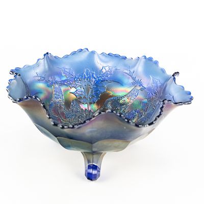 Carnival Gls Fenton Stag & Holly Lg Ftd Rufl Bowl. Blue. Very nice, even color. Good condition 