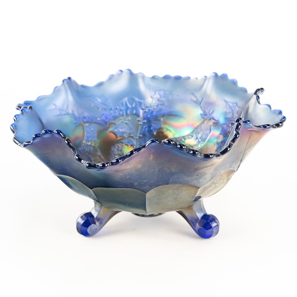Carnival Gls Fenton Stag & Holly Lg Ftd Rufl Bowl