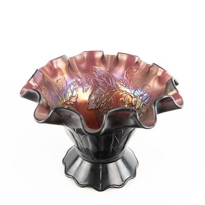 Carnival Glass: Dugan Dogwood Sprays Bowl. Amethyst purple. Very cool deep, ruffled shape in 