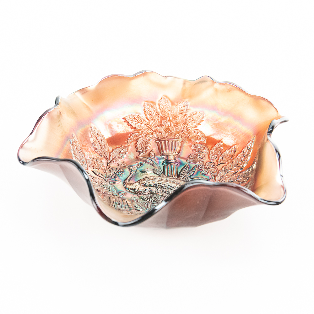 Carnival Glass M'burg Peacock Large Bowl
