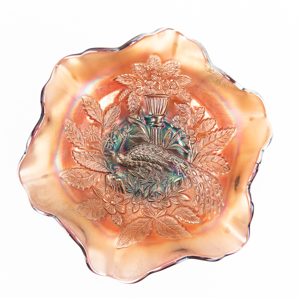 Carnival Glass M'burg Peacock Large Bowl