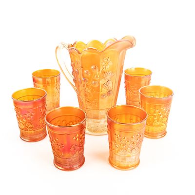 Carnival Glass N'wood Raspberry 7-Pc Set. Marigold. Includes water pitcher and 6 matching 
