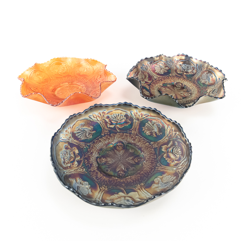 Carnival Glass:Fenton Dragon & Lotus Bowls 3pc Lot