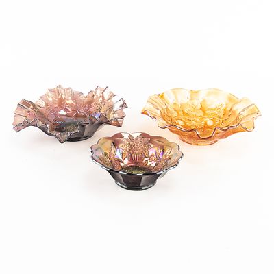 Carnival Glass: Millersburg 3pc Lot. Includes an 8.5 in. crimped, ruffled Grape Wreath bowl with 