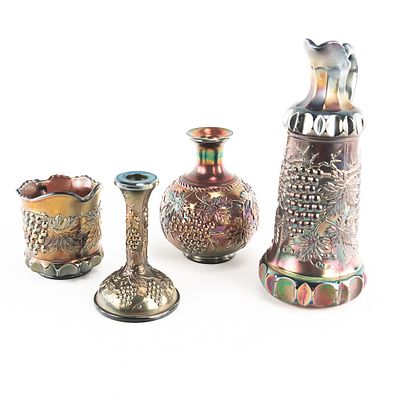Carnival N'wood Glass Grape & Cable: 4-Pc Lot. Amethyst purple. Includes a creamer in fine shape 