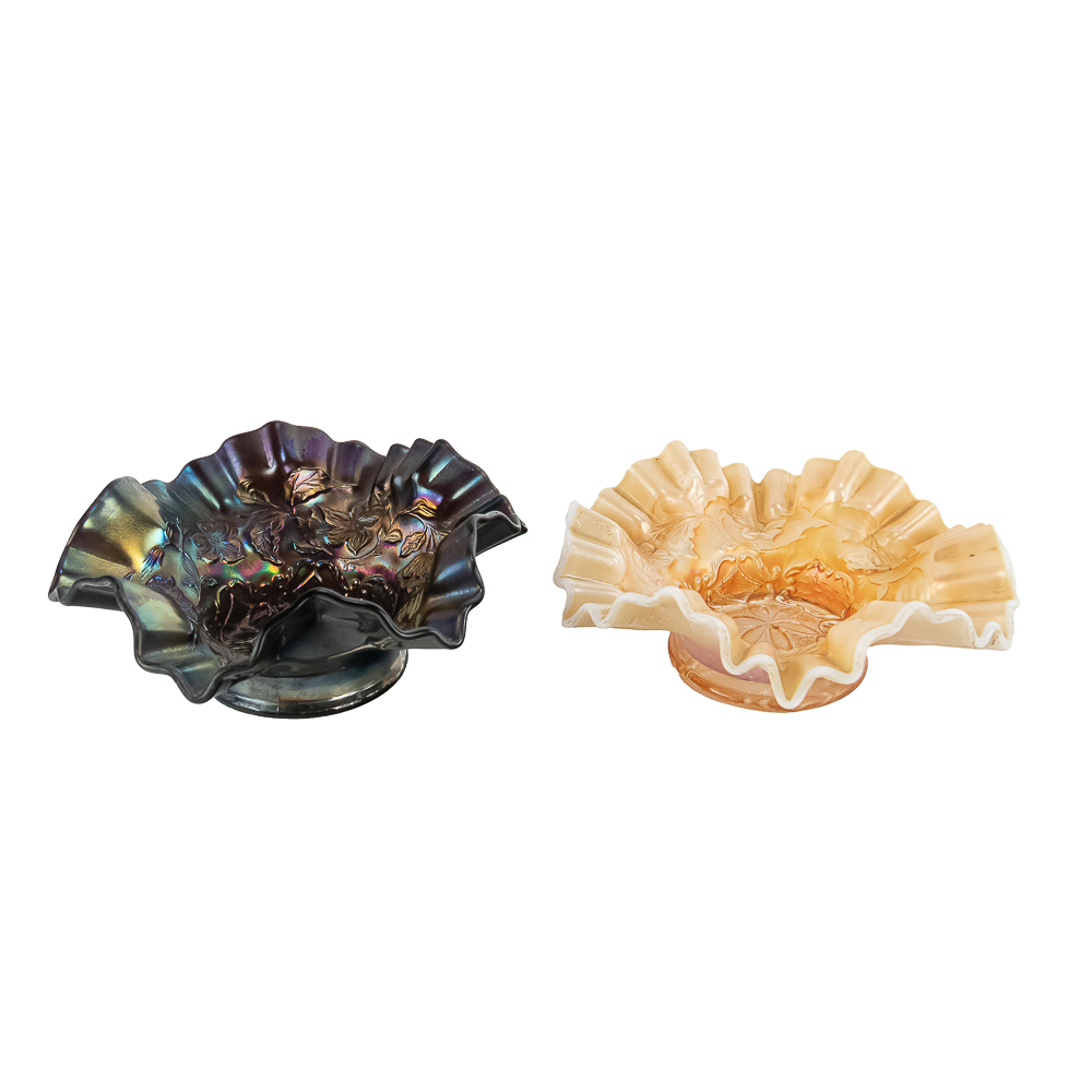 Carnival Glass Dugan 6-Petal Bowls: 2-Pc Lot