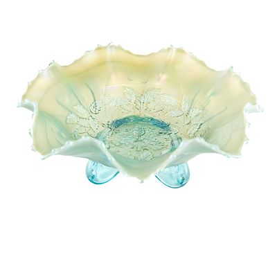 Carnival Gls Northwood Three Fruits Medallion Bowl. Aqua opal. Nice pastel color on this spatula 
