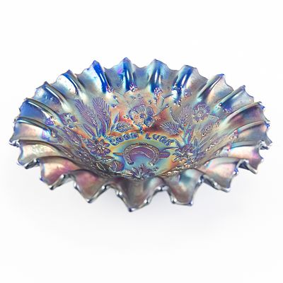 Carnival Glass: Northwood Good Luck Bowl. Blue. Iconic pie crust edge, ribbed back piece with 