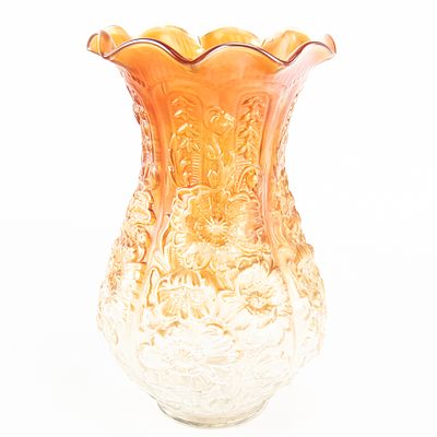 Carnival Glass: Imperial Poppy Show Vase. Marigold. Ruffled top vase with a couple of 
