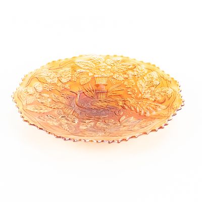 Carnival Fenton Peacock and Urn Plate. Marigold. Features the bearded berry back pattern. Nice 