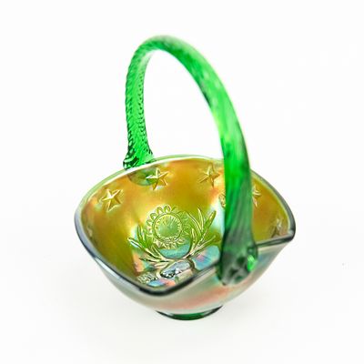 Carnival Glass: Fenton Green Mini Elks Basket. Green. Made for Encore and molded Taylor on the 