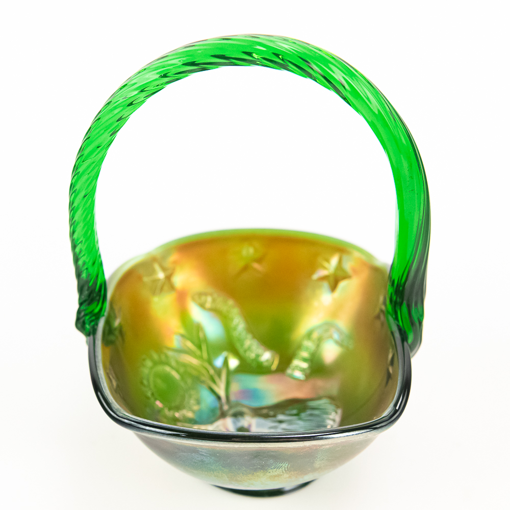 Carnival Glass: Fenton Green Mini Elks Basket