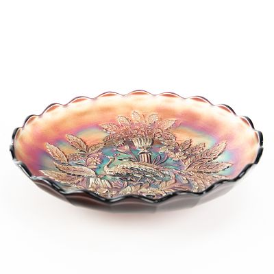 Carnival Glass: Millersburg Peacock & Urn Lg Bowl. Amethyst purple. Ice cream shape with very 