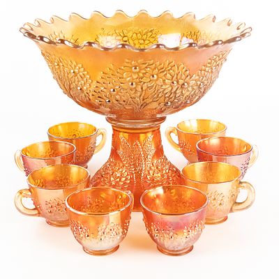 Carnival Glass Fenton Orange Tree 10-Pc Set. Marigold with a flared top. Three of the cups have 