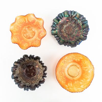 Carnival Glass: Fenton Bowls 4pc Lot. Includes a 9 in. marigold Dragon and Lotus bowl, a 9 in. 