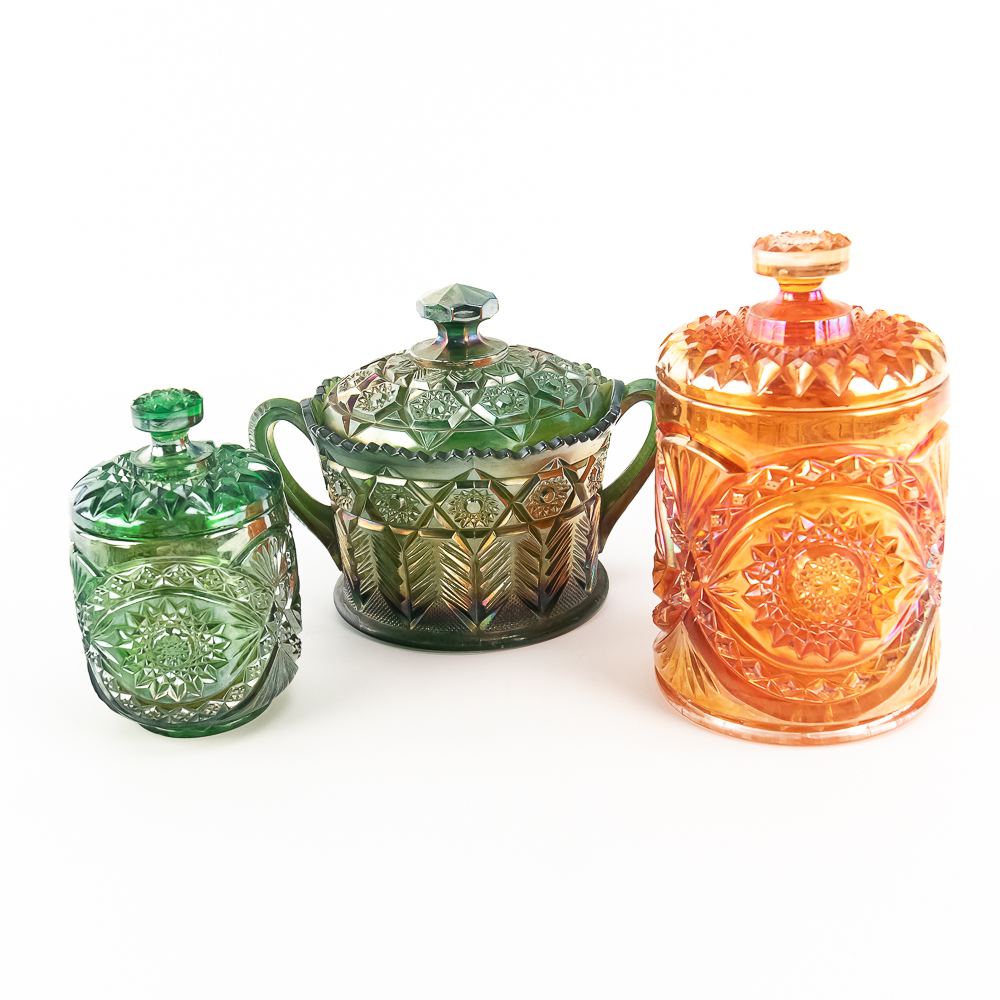Carnival Glass: Covered Pieces 3pc Lot