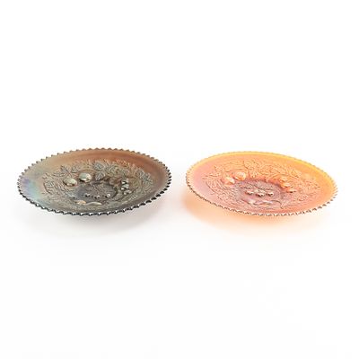 Carnival Glass: Fenton Three Fruits Plates 2pc Lot. Includes one marigold plate with a 