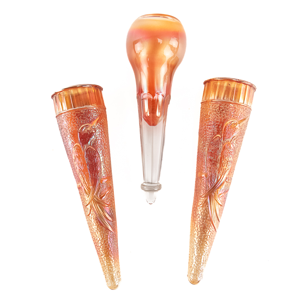 Carnival Glass: Wall Pkts & Vase 3-Pc Lot