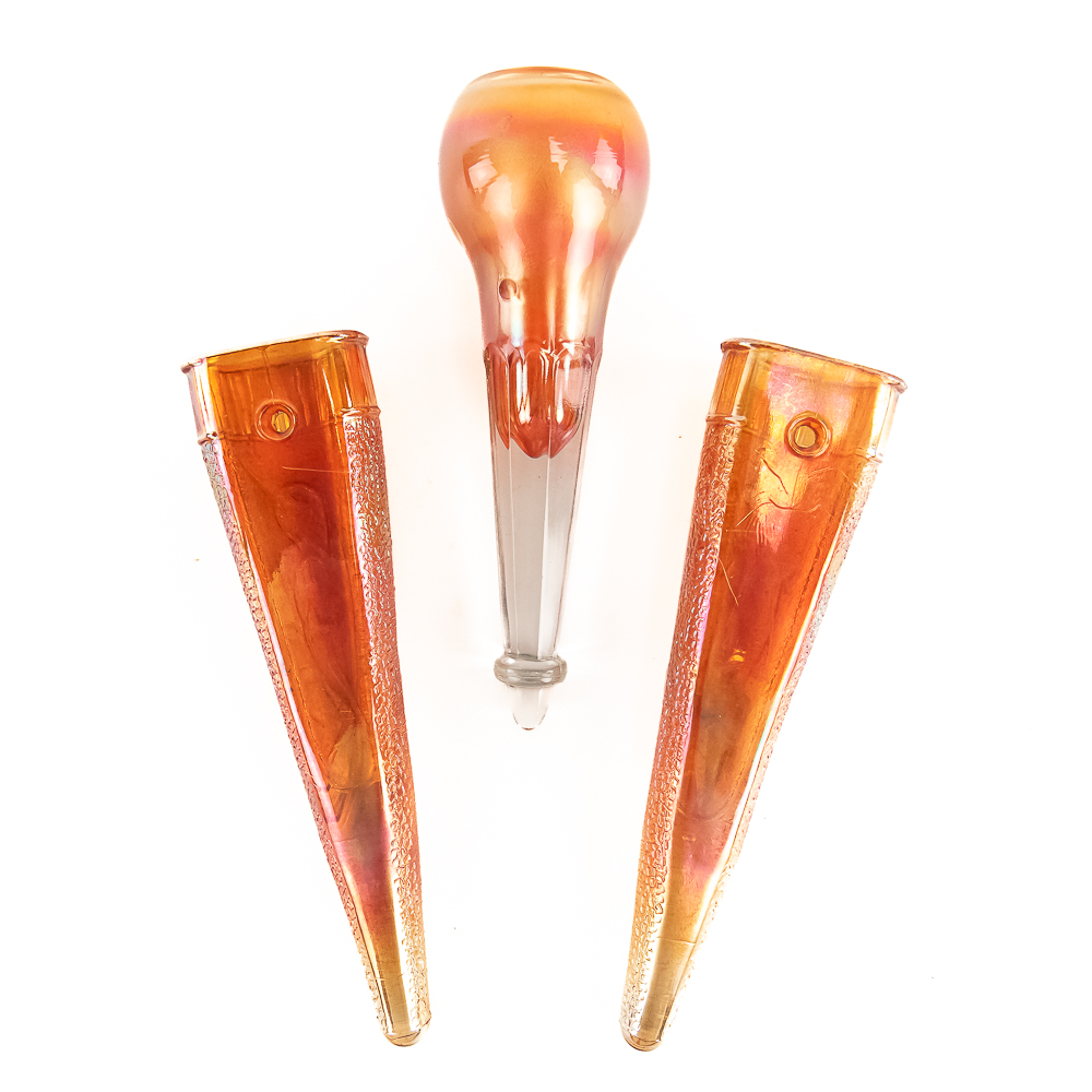 Carnival Glass: Wall Pkts & Vase 3-Pc Lot