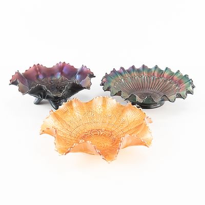Carnival Glass: Northwood 3pc Lot. Includes a 9 in. ruffled Hearts and Flowers bowl in marigold 