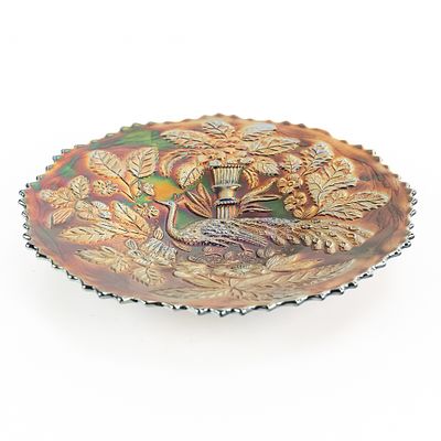 Carnival Glass: Fenton Peacock and Urn Plate. Blue. Features the bearded berry back pattern. 