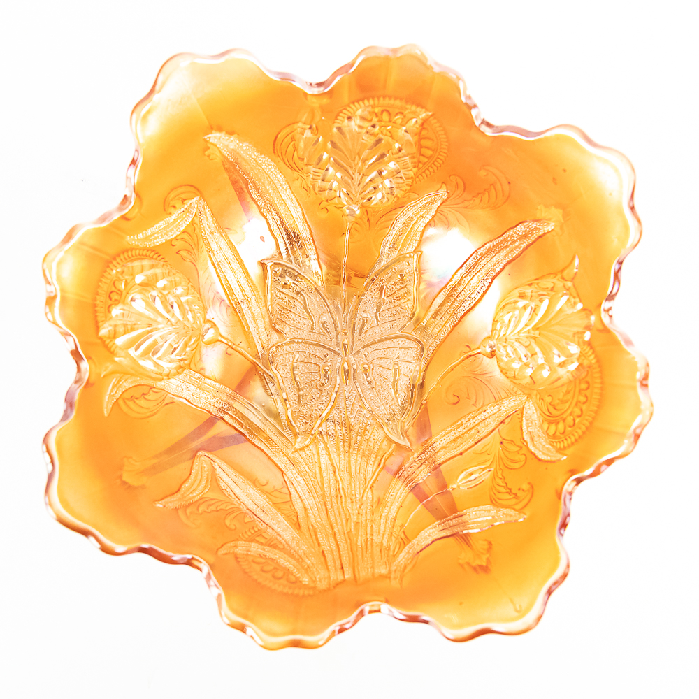 Carnival Glass Dugan Butterfly & Tulip Footed Bowl