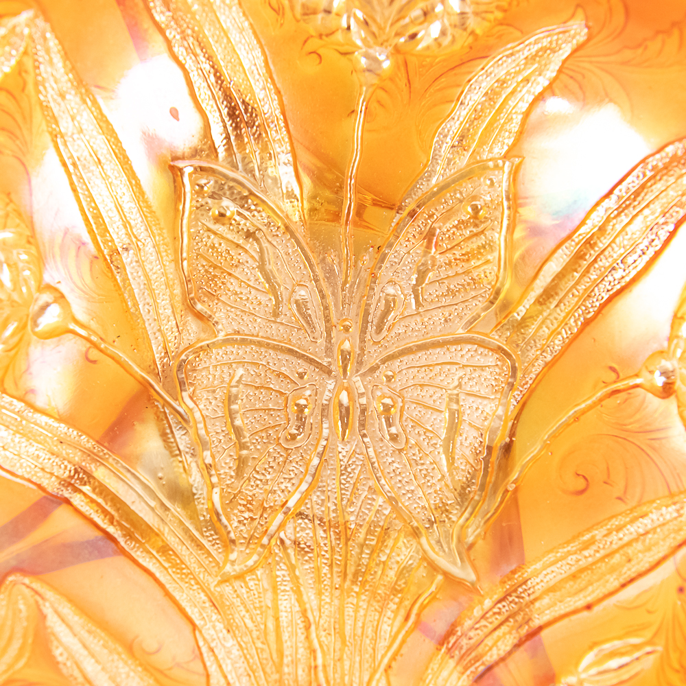 Carnival Glass Dugan Butterfly & Tulip Footed Bowl