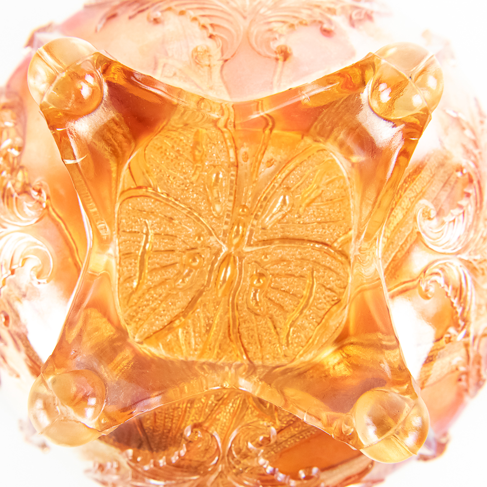 Carnival Glass Dugan Butterfly & Tulip Footed Bowl