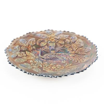 Carnival Glass: Fenton Peacock and Urn Plate. Blue. Features the bearded berry back. Good 