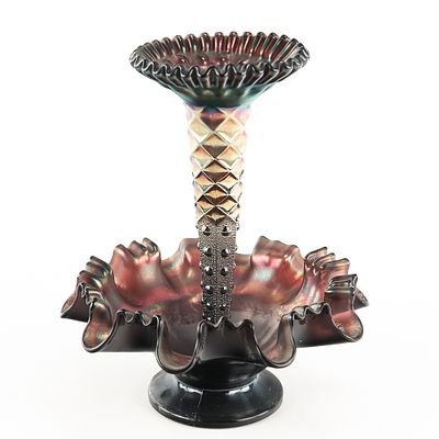 Carnival Glass: Dugan Epergne 2-Pc Lot. 2-piece lot. Dugan Fishnet pattern epergne base in 