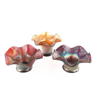 Carnival Glass: Fenton Hats 3-Pc Lot. 3-piece lot of Fenton. Blackberry Spray ruffled hat in 