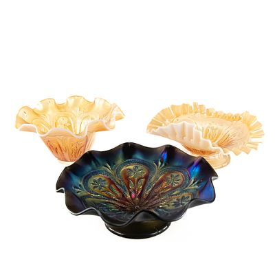 Carnival Gls Dugan Flowers & Flames Bowls 3pc Lot. All are dome-footed. Includes a peach opal 
