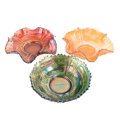 Carnival Glass Fenton Sailboats Sauce Bowls 3pcs. Includes a very tough to find red ruffled bowl 