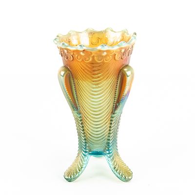 Carnival Glass: Northwood Daisy & Drape Ftd Vase. Aqua opal. Nice butterscotch color and great 