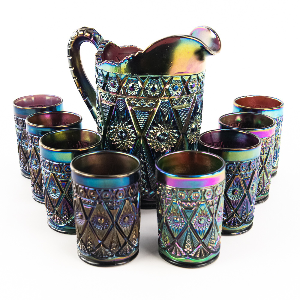 Carnival Glass:Imperial Diamond Lace 9pc Water Set