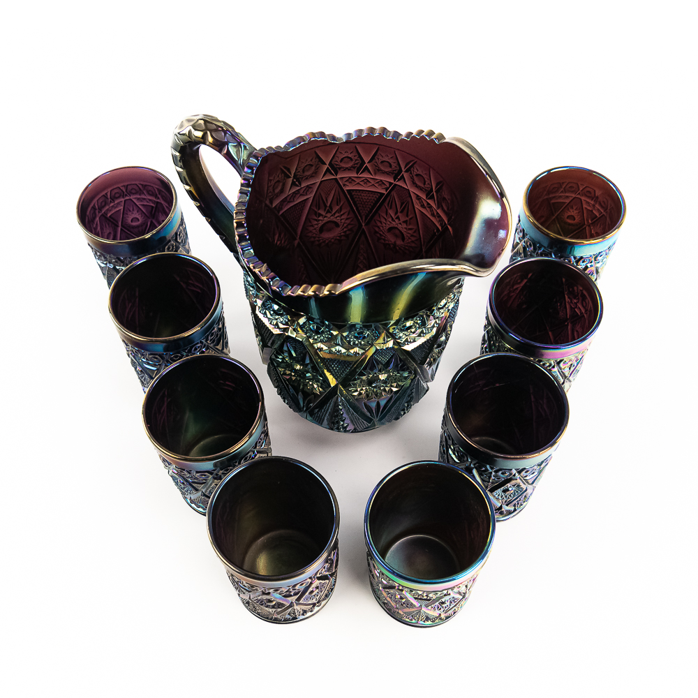 Carnival Glass:Imperial Diamond Lace 9pc Water Set