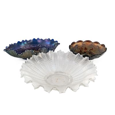 Carnival Glass: Northwood 3pc Lot. Includes an 8.75 in. pie crust edge Nippon bowl in white, an 