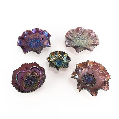 Carnival Glass: Imperial 5pc Lot. Amethyst purple. Includes an 8.5 in. ruffled Pansy bowl, an 