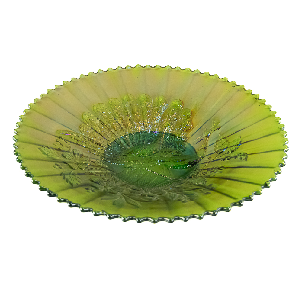 Carnival Glass: Northwood Peacocks on Fence Plate