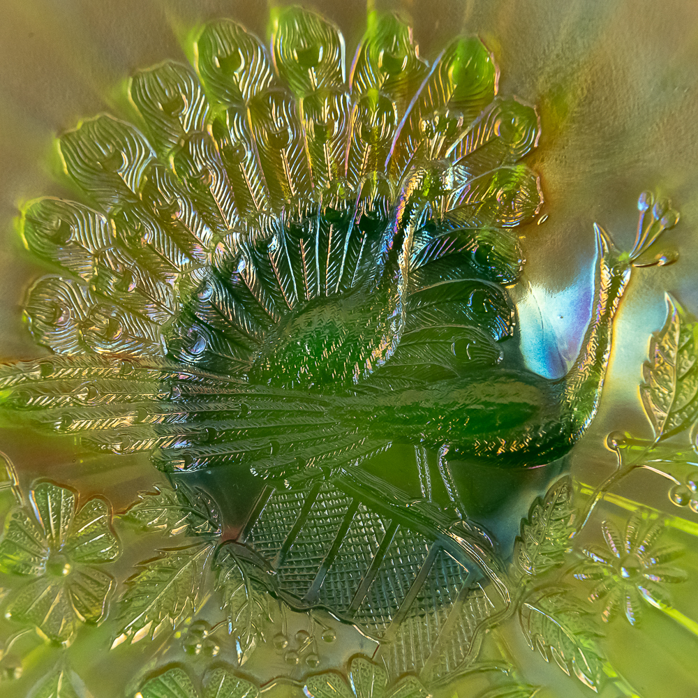 Carnival Glass: Northwood Peacocks on Fence Plate