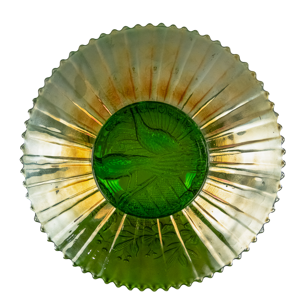Carnival Glass: Northwood Peacocks on Fence Plate