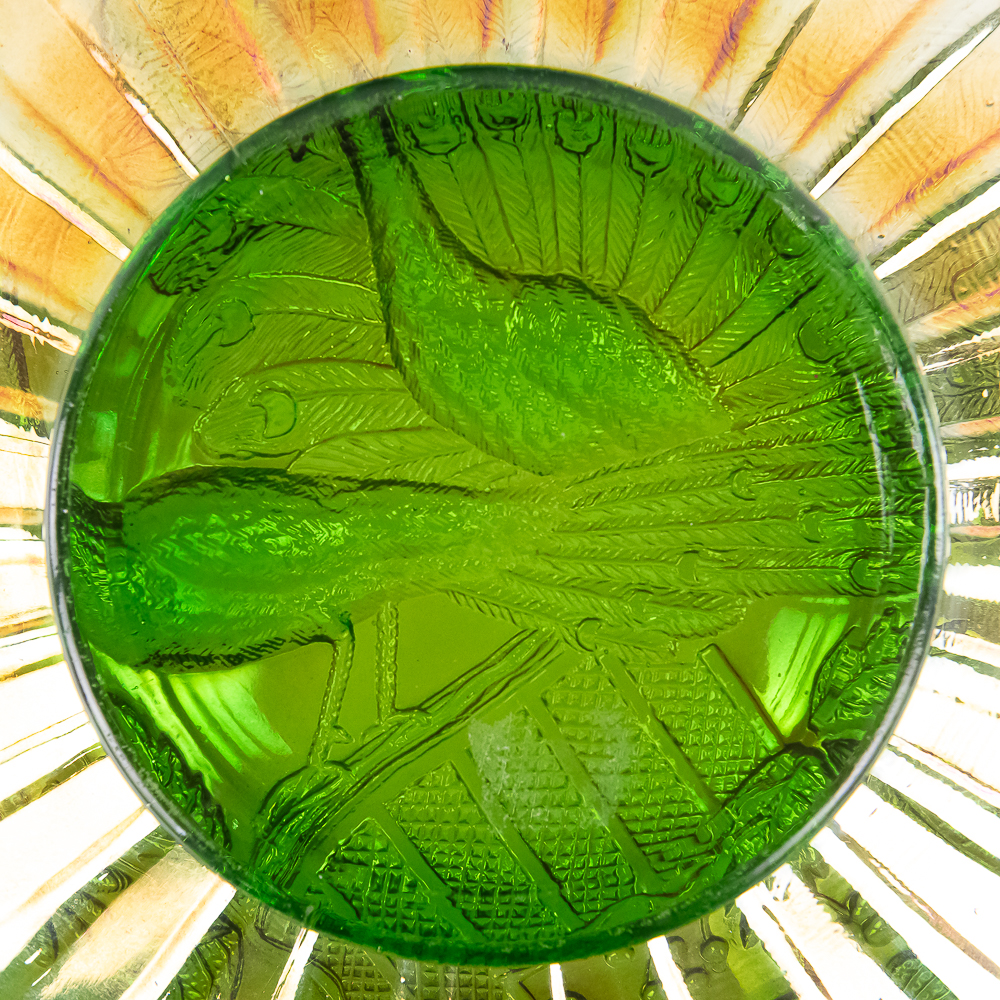 Carnival Glass: Northwood Peacocks on Fence Plate