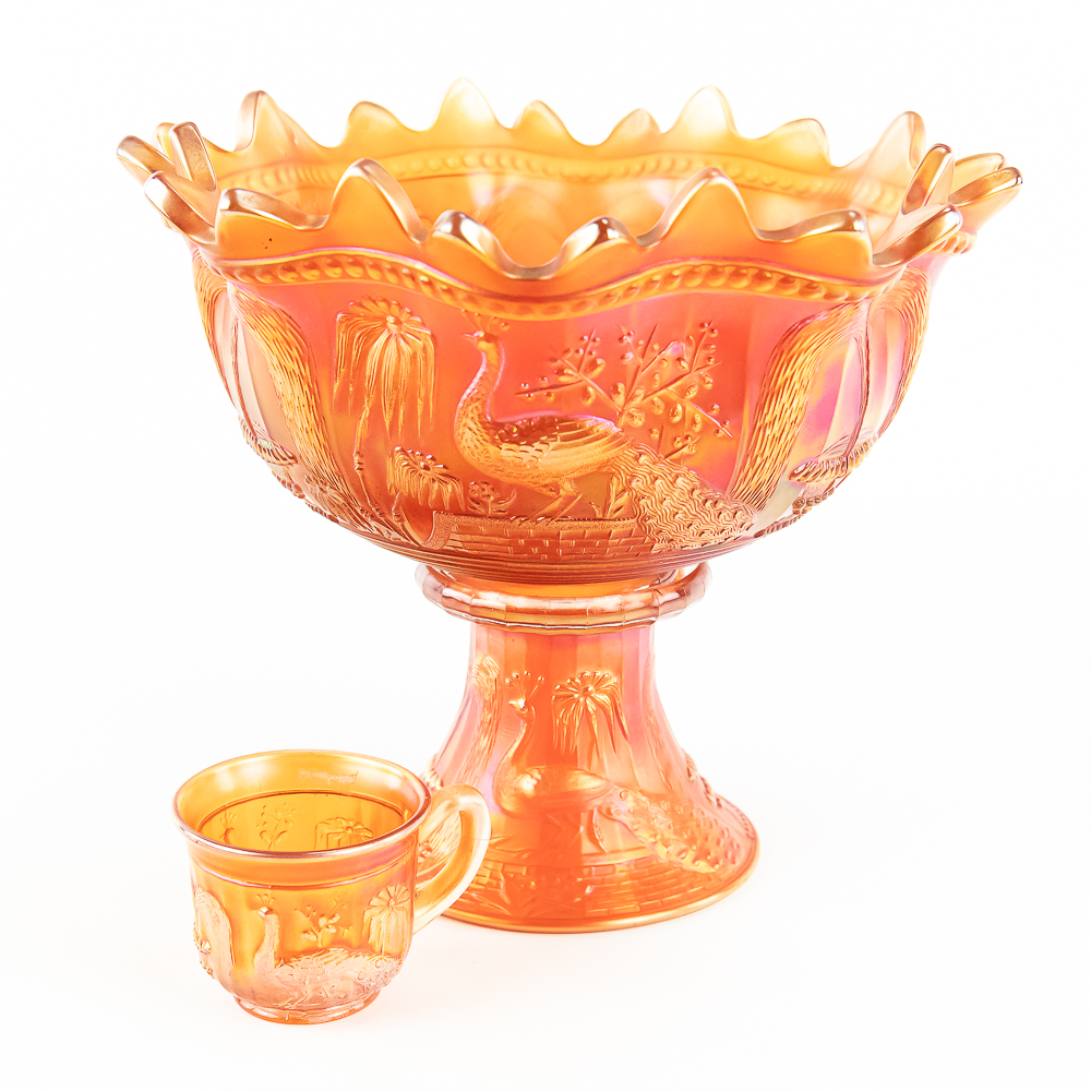 Carnival Glass N' wood Peacocks Fountain 3pc Punch