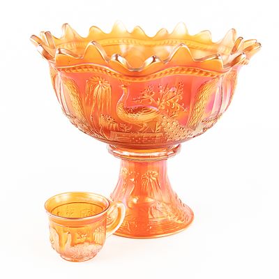 Carnival Glass N' wood Peacocks Fountain 3pc Punch. Marigold. Outstanding, well-matched bowl + 
