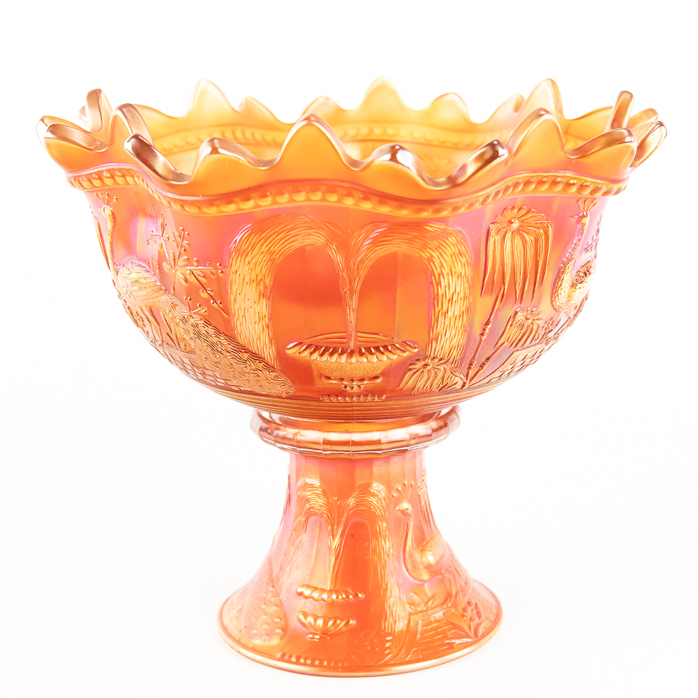Carnival Glass N' wood Peacocks Fountain 3pc Punch
