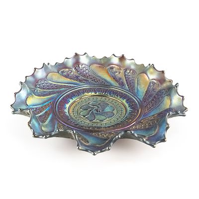 Carnival Glass: Dugan Roundup Low Ruffled Bowl. Purple with electric iridescence. An absolutely 