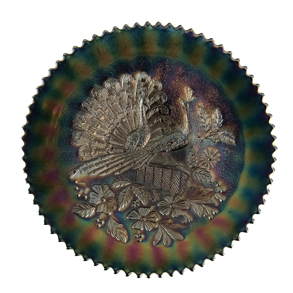 Carnival Glass: Northwood Peacocks on Fence Plate
